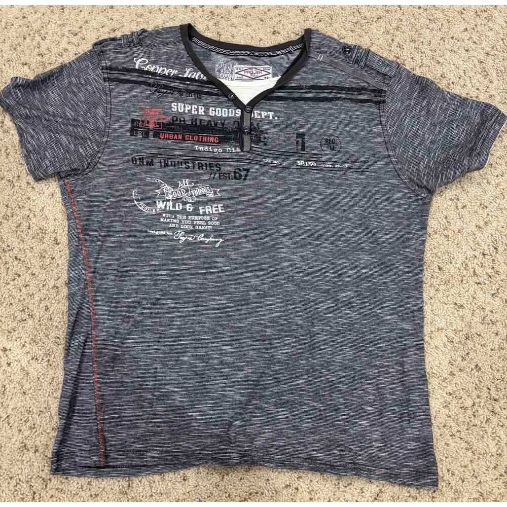 Projek Raw T-Shirt Men's XL Grey Graphic Print Cotton V-Neck